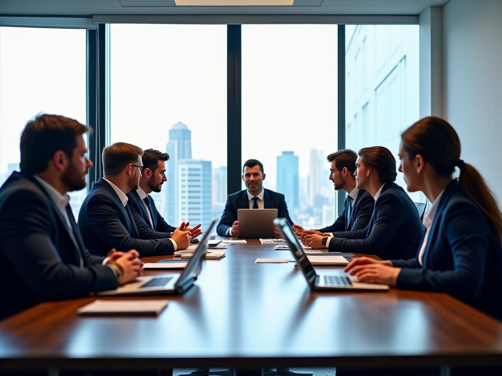 Equipo de abogados de Marítimo Abogados en una reunión estratégica en su moderna oficina de Madrid, colaborando en un caso complejo