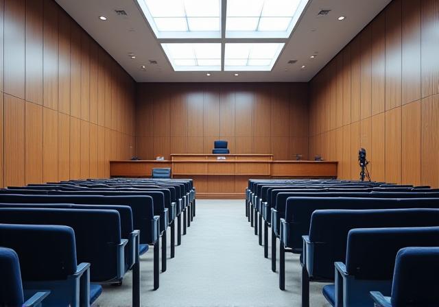 Moderna sala de juicios en Madrid con asientos vacíos y un estrado iluminado, lista para un procedimiento legal