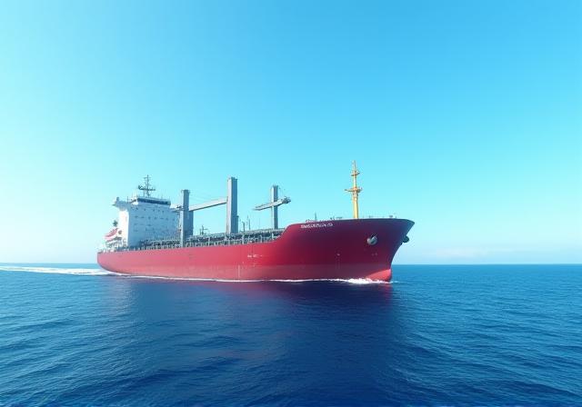 Vista de un gran buque de carga en el mar Mediterráneo, con un cielo azul despejado